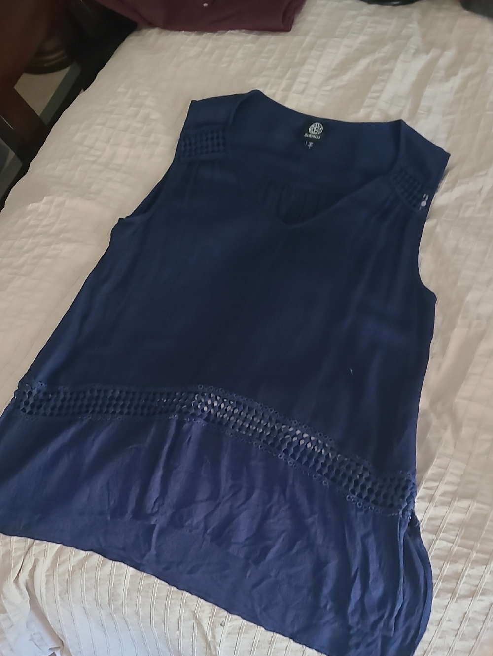 Bobeau Navy V-Neck Sleeveless Tunic with Crochet Trim